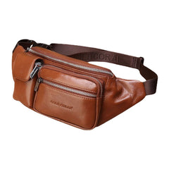 Men Genuine Leather Multifunction Front Flap-Over Zipper Pocket Chest Bag Retro Large Capacity Casual Crossbody Bags Shoulder