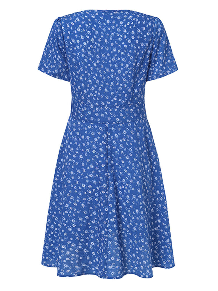 Women Floral Print V-Neck Casual Short Sleeve Midi Dress