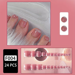 24pcs Ice Pink Sparkling Toenails - Short Square with Silver Glitter Edge - Glossy, Full Cover False Nails for Women and Girls