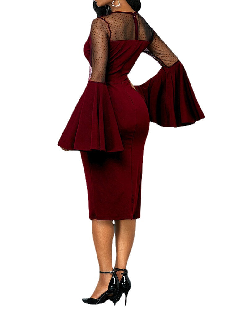 Women Solid Color Stitching Bell Sleeve Party Bodycon Midi Dress