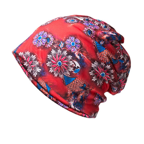 Women Dual-use Breathable Baotou Hat Cotton Overlay Colored Floral Printed Casual Elastic Scarf Beanie Hat