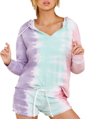 Women Design Tie Dye Hooded Long Sleeve Drawstring Simple Home Pajama Set