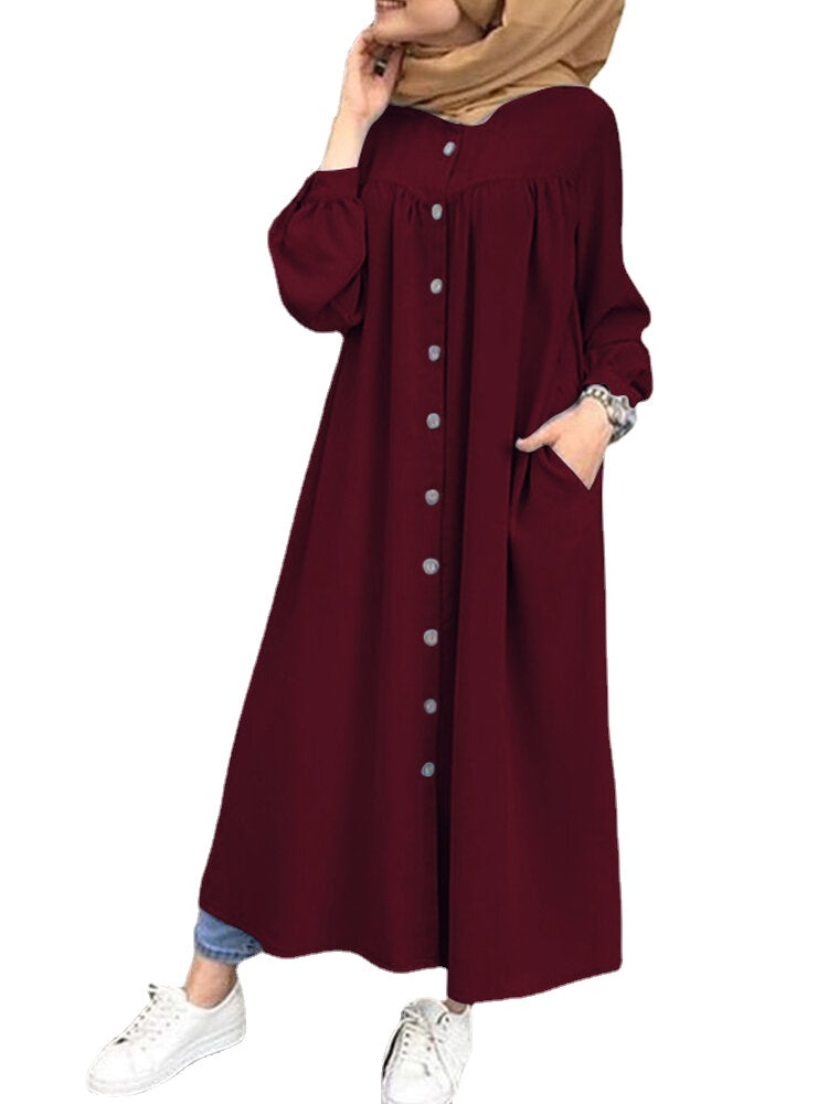 Solid Color Stand Collar Button Down Front Leisure Loose Maxi Dress with Side Pockets