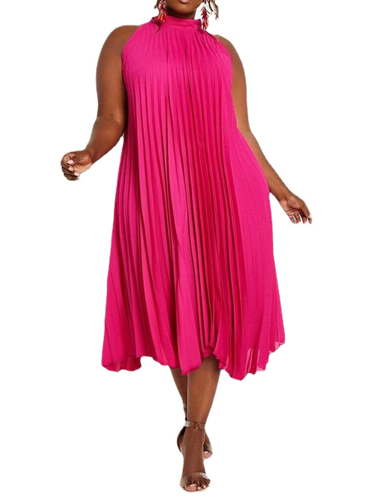 Solid Holiday Sleeveless Pleating Plus Size Dress for Women