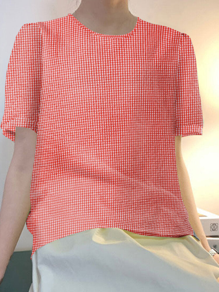 Plaid Round Neck Puff Sleeve Casual Blouse