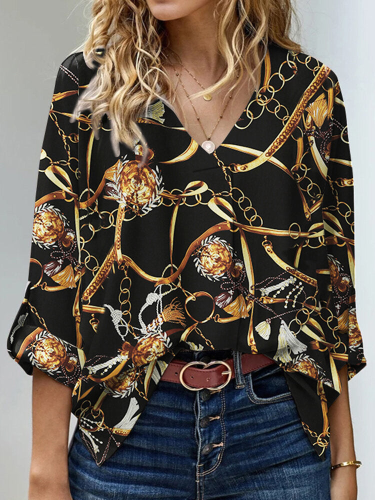 Chain Print Long Sleeve V-neck Blouse For Women