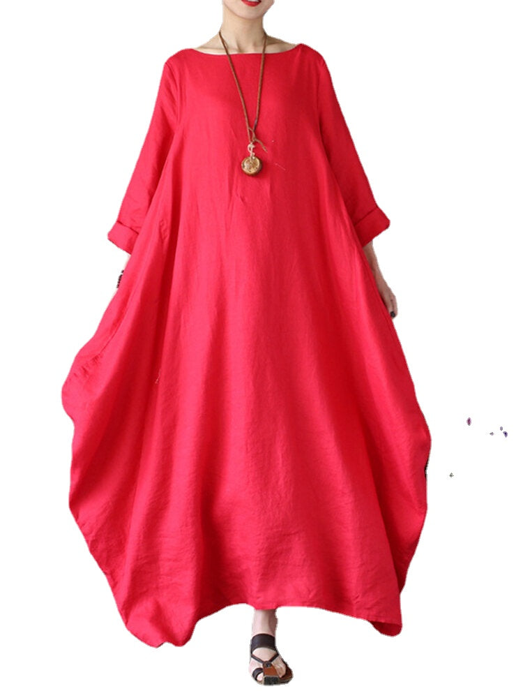 L-5XL Casual Women Loose Solid Color Baggy 3/4 Sleeve Maxi Dress(No Pocket)