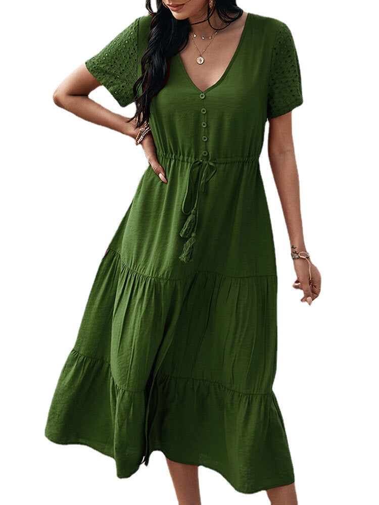 Solid Color Button Drawstring Short Sleeve V-neck Stitching Casual Dress