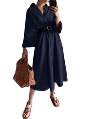 Solid Loose Belt Button Long Sleeve Lapel Shirt Dress