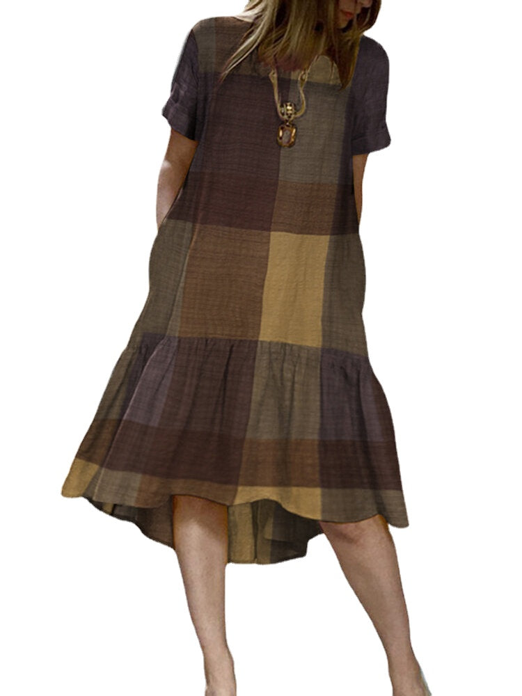 O-Neck Plaid Loose Casual Dress With Side Pockets For Women