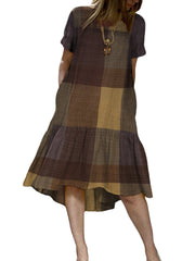 O-Neck Plaid Loose Casual Dress With Side Pockets For Women