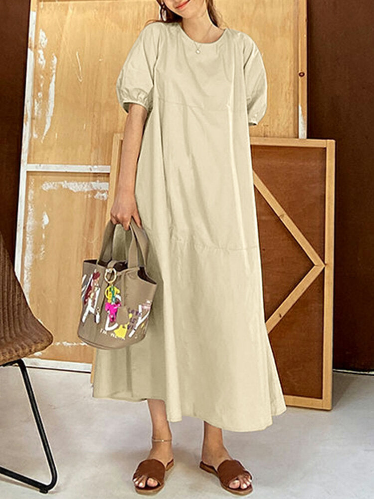 Solid Color O-neck Puff Sleeve Plain Casual Side Pocket Holiday Maxi Dress