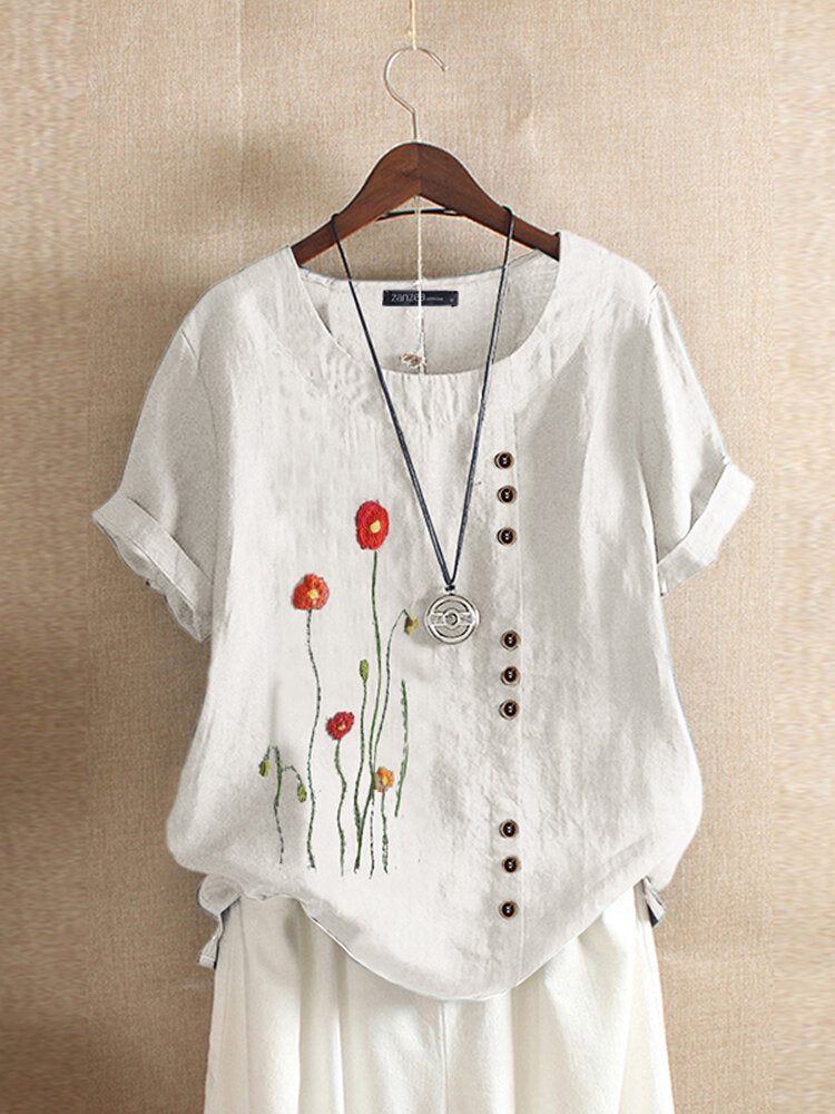 Flower Embroidered O-neck Short Sleeve Button T-shirts For Women