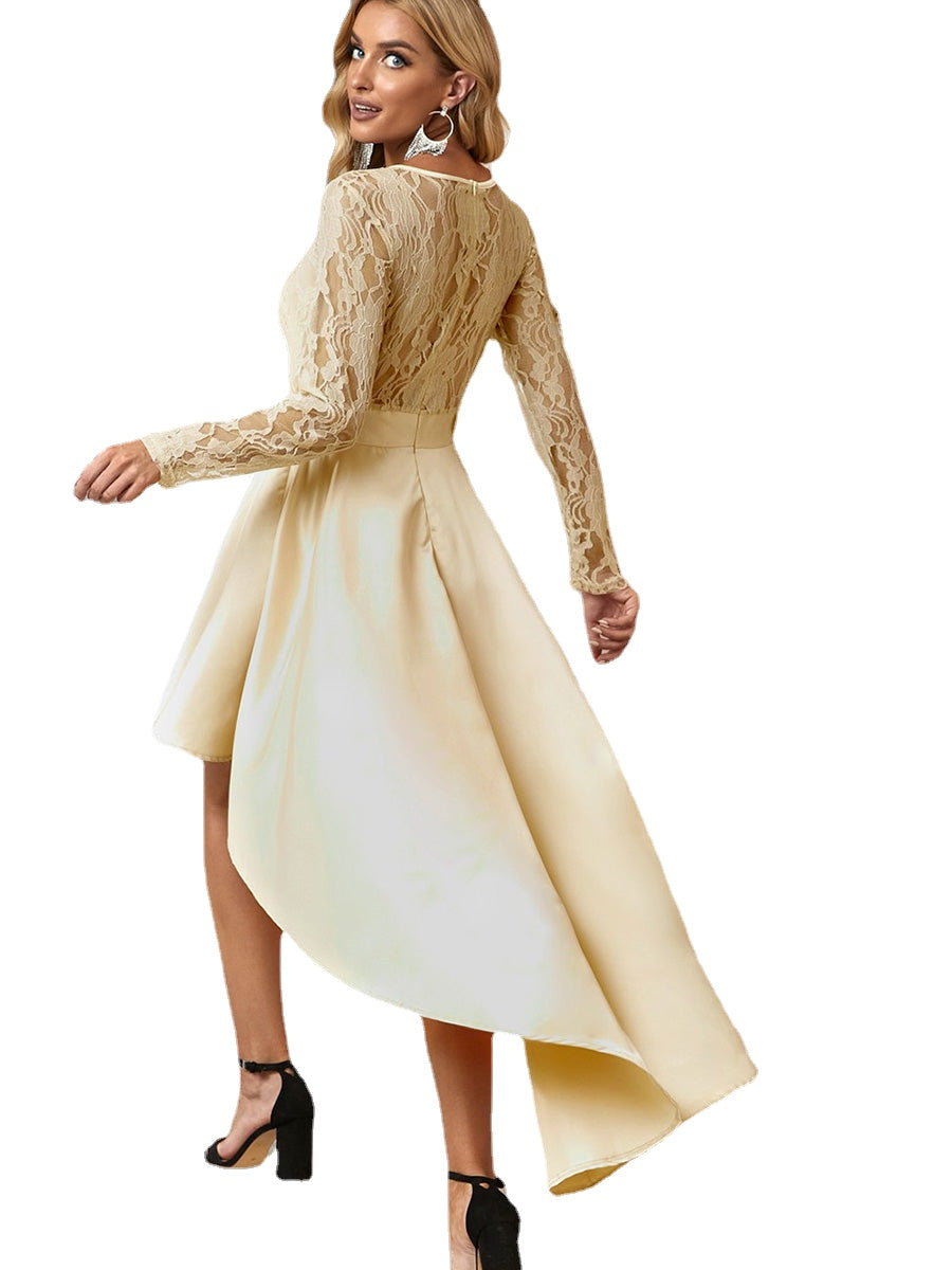 Asymmetric Lace Satin Dress - Long Sleeve, Solid Color, Printed Design