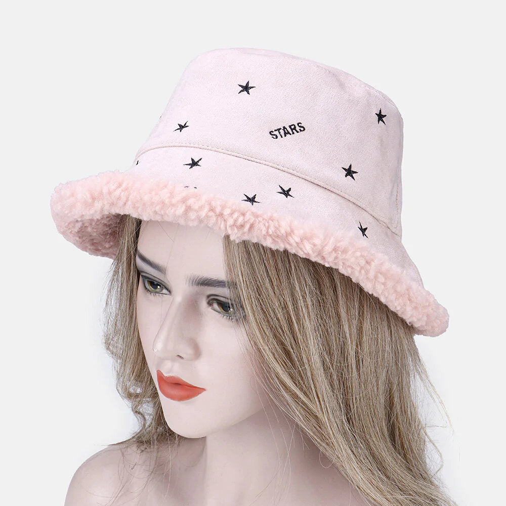 Women Cashmere And Suede Warm Soft Embroidery Stars Outdoor Bucket Hat