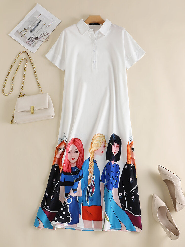Cartoon Girls Graphic Pocket Button Front Short Sleeve Dress