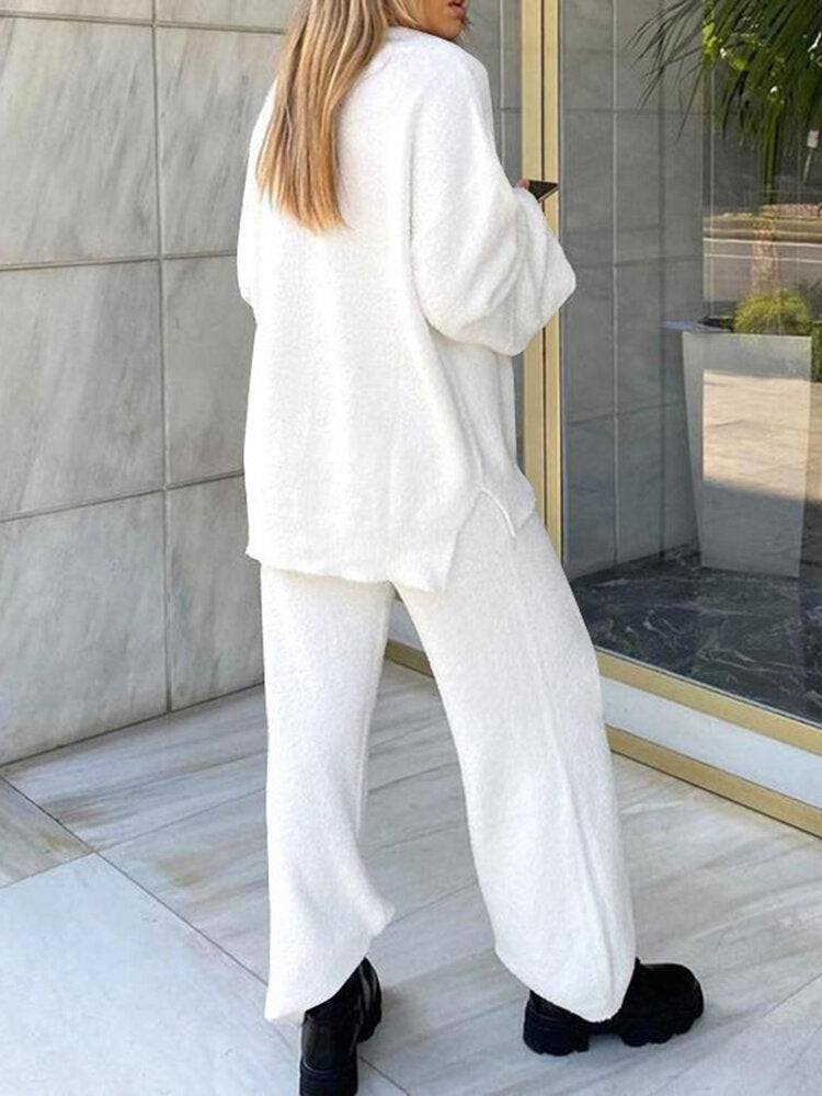 Solid Loose Elastic Waist Long Sleeve Homewear Two Pieces Set