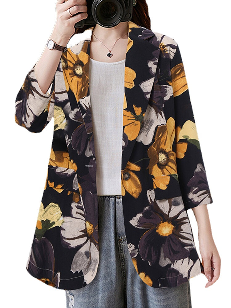 Women Full Sleeve Lapel Floral Bohemian Leisure Retro Thin Suit