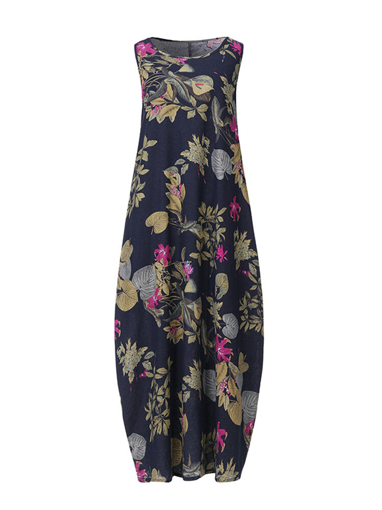 Sleeveless O-neck Loose Causal Floral Print Maxi Dress