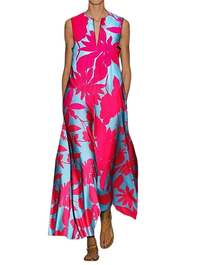 Women's Long Dress Maxi Dress Casual Dress Summer Dress Print Dress Leaf Fashion Streetwear Outdoor Daily Weekend Pocket Print Sleeveless V Neck Dress Regular Fit Blue Fuchsia Orange Spring Summer