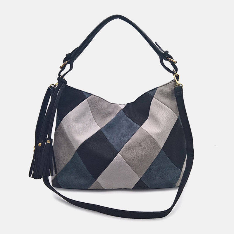 Women Faux Leather Fashion Color Block Tassel Crossbody Bag Shoulder Bag