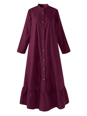 Women Solid Color Cotton Long Sleeve Ruffle Casual Loose Maxi Dress