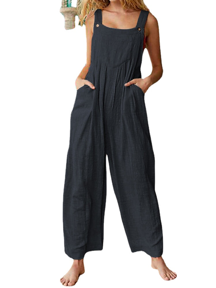 Solid Color Button Sleeveless Overalls Side Pocket Jumpsuit For Women