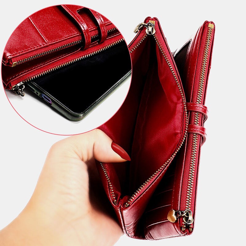 Women Genuine Leather Rfid Antimagnetic Multi-slots 14 Card Slots Zipper Bifold Long Wallet