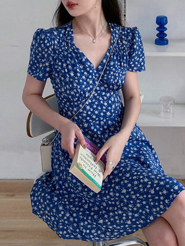 Women Floral Print V-Neck Casual Short Sleeve Midi Dress