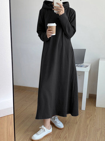 Women Loose Thick Sweatshirt Calf Length Side Pockets Midi Dresses