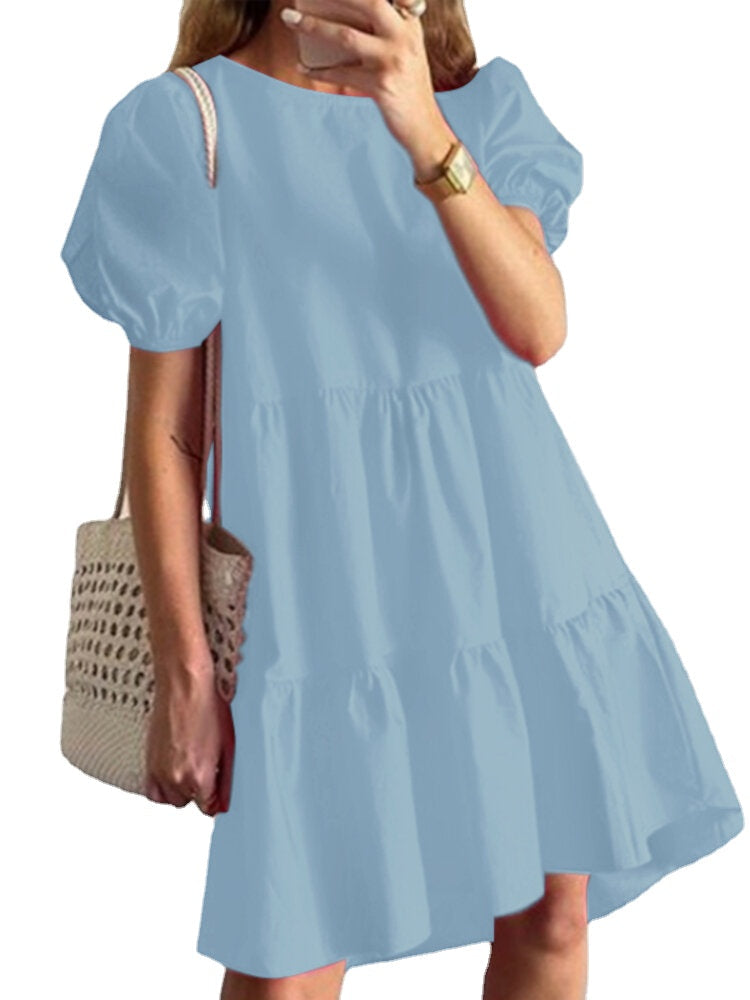 Women Solid Color Tiered Round Neck Stitching Casual Short Sleeve Midi Dresses