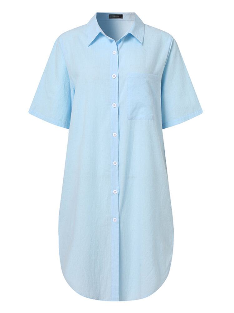 Solid Casual Lapel Short Sleeve Button Shirt Dress With Pocket