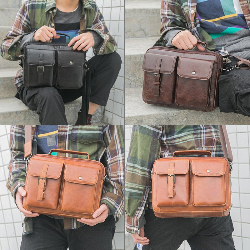 Men's Genuine Leather Multi-Function Retro Large Capacity Shoulder Crossbody Bag