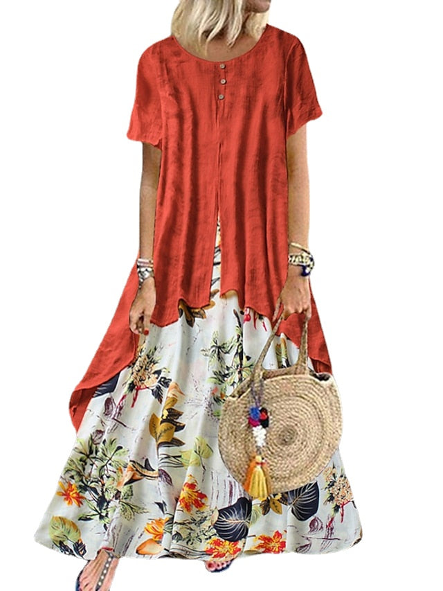 Women's Casual Dress Linen Dress Swing Dress Long Dress Maxi Dress Green Short Sleeve Floral Patchwork Summer Spring Crew Neck Fashion Print Dresses