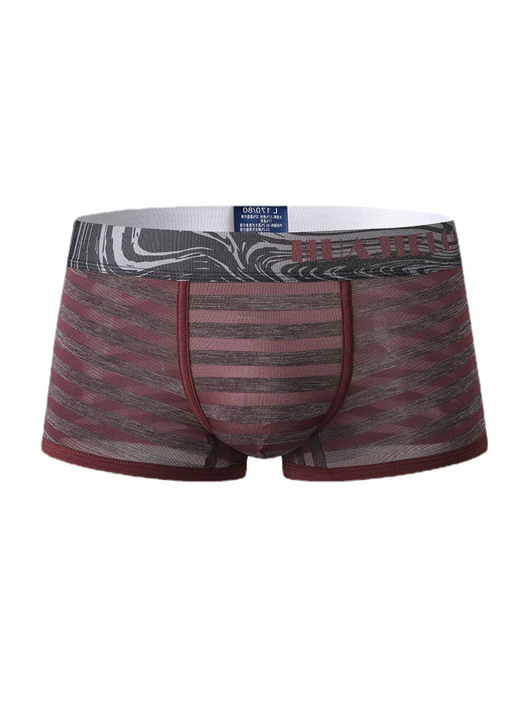 Mens Striped Ice Silk Translucent Breathable Thin Elastic Mid Waist Boxers
