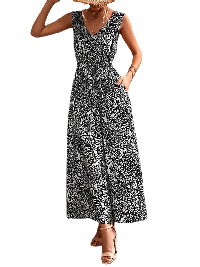 Women's Elegant Sleeveless Flower Lace up V Neck Vacation Long Dress