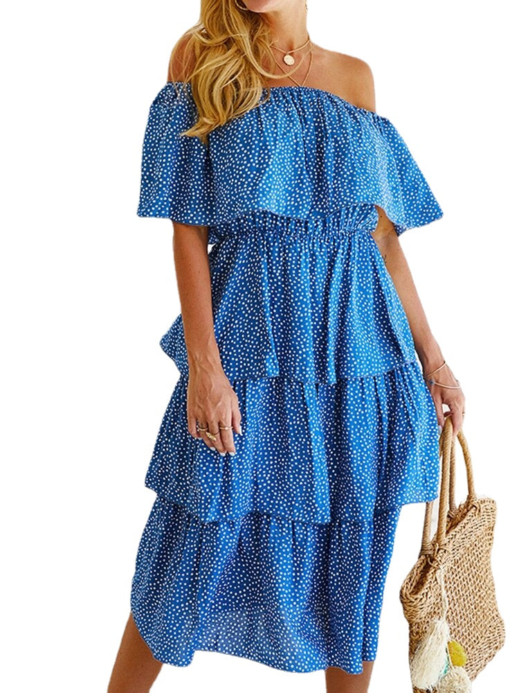 Polka Dot Print Off-shoulder Short Sleeve Layered Dress For Women