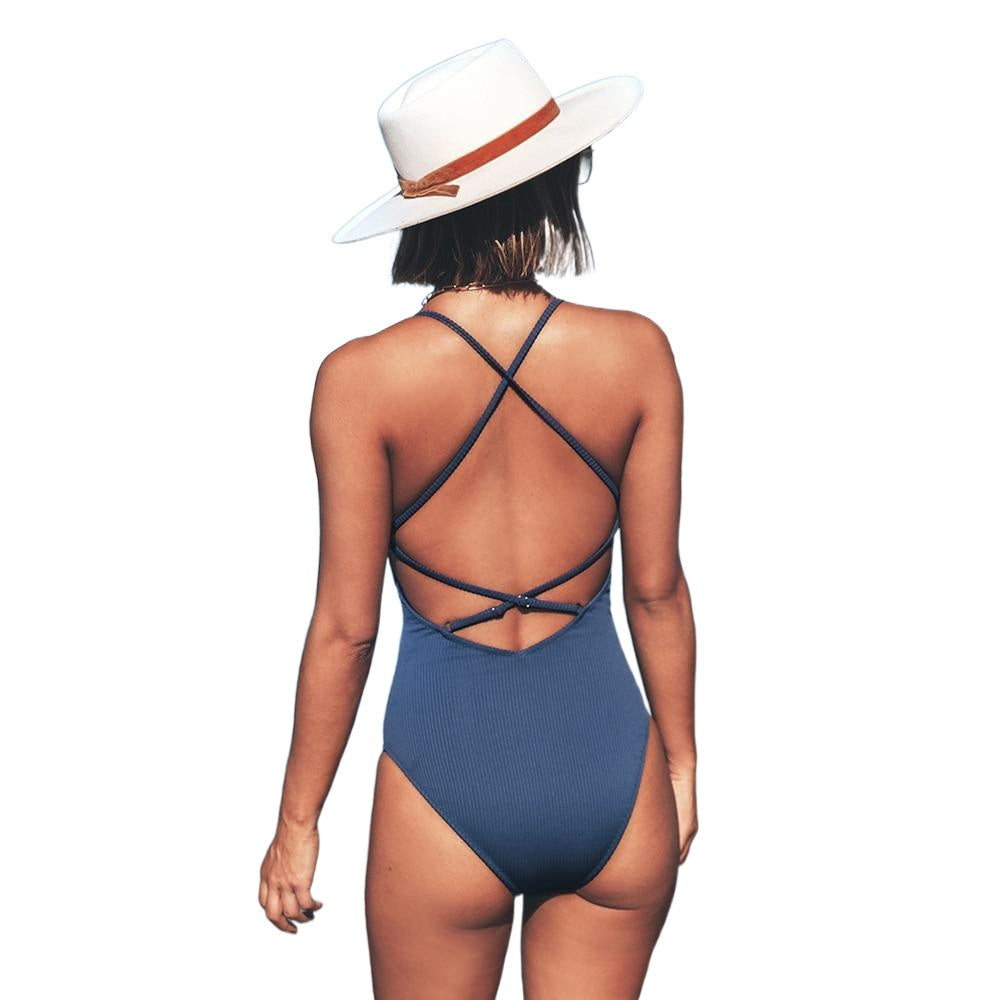 Sexy Women's Deep V-neck Backless Lace Up Swimsuit For Beach Bathing