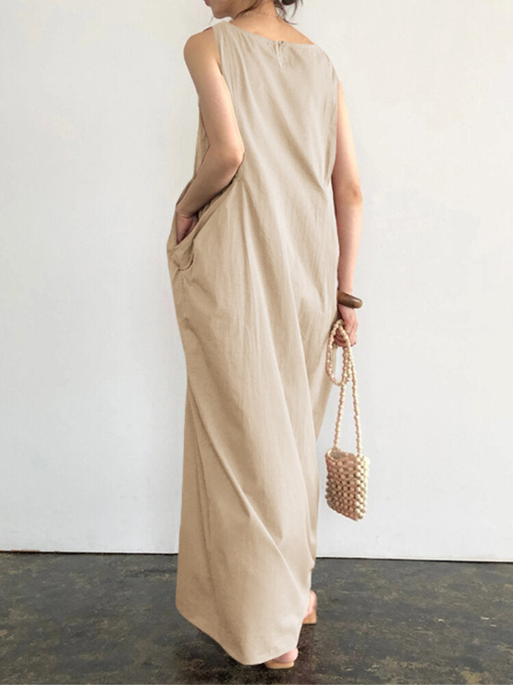 Women Elegant Solid Color Side Pockets Design Sleeveless Casual Maxi Dress