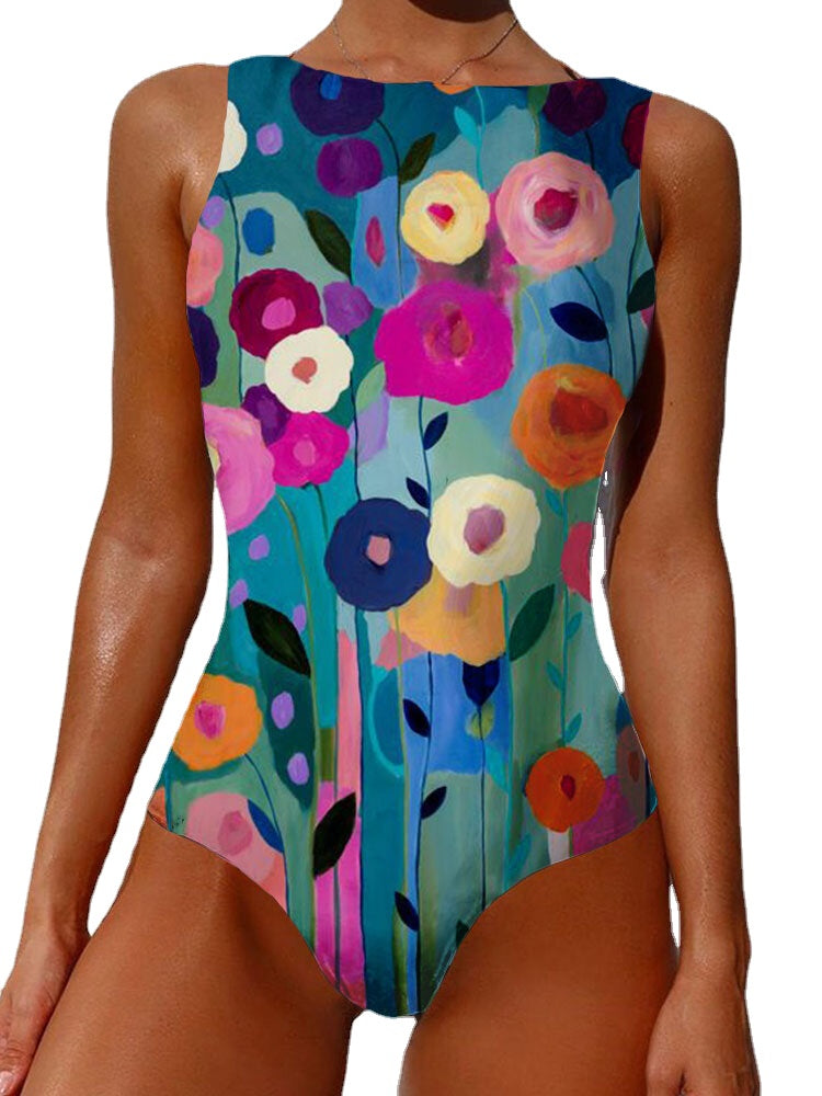 Summer Holiday Abstract Flower Print Sleeveless High Neck Swimsuits