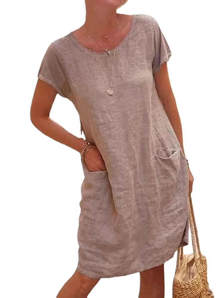 Women Solid Color Casual O-Neck Short Sleeve Mini Dress With Pockets