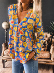 Women V-Neck Vintage Floral Print Long Sleeve Bohemia Blouse