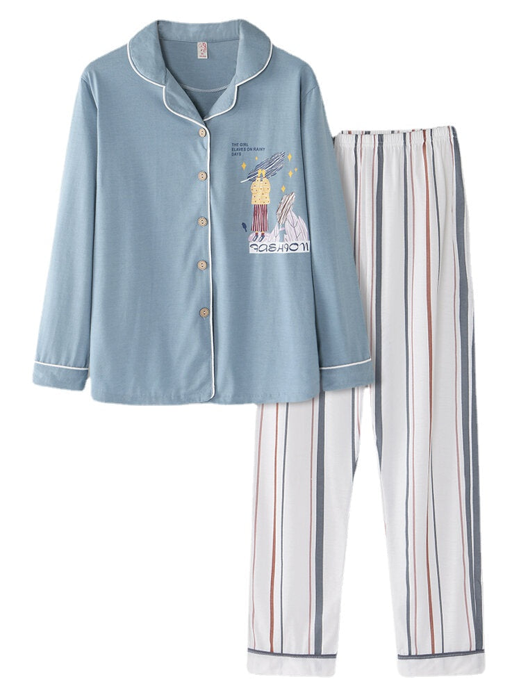 Women Cotton Plus Size Striped Pants Button Long Sleeve Casual Home Pajamas Sets