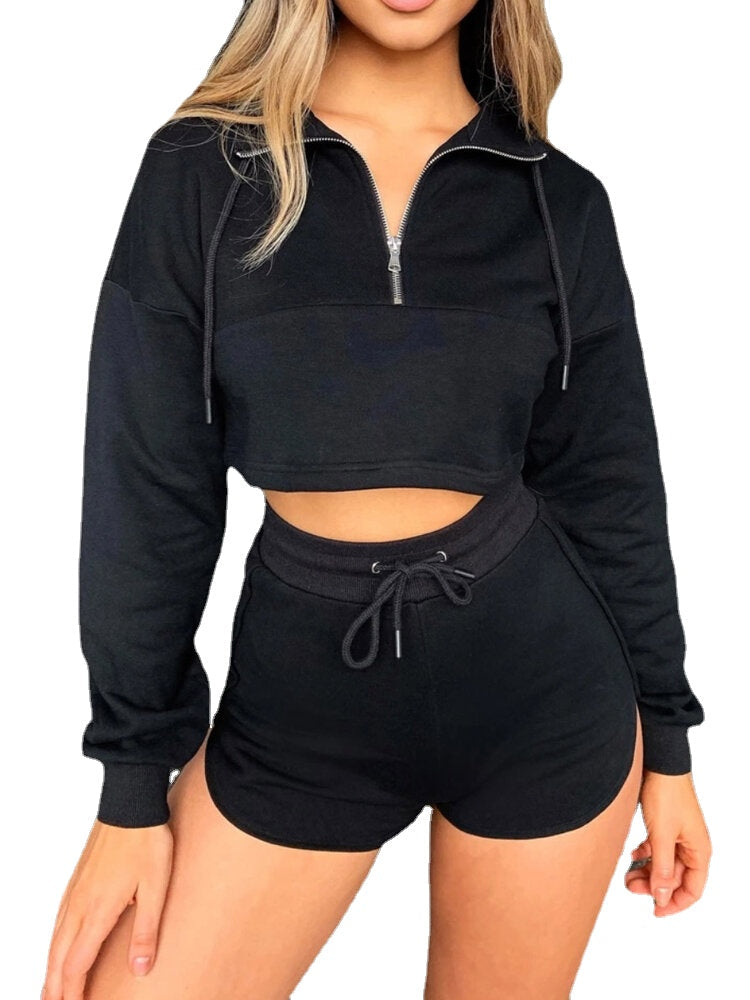 Women Half Zip Drop Shoulder Crop Top Drawstring Shorts Casaul Two-Piece Set