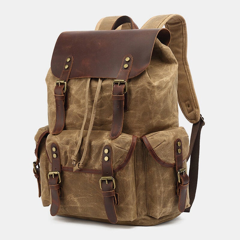 Men Oil Wax Canvas Casual Waterproof Multi-pocket Backpack Large Capacity 15.6 Inch Laptop Bag Shoulder Bag