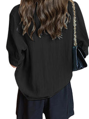 Solid V-neck Half Sleeve Button Blouse For Women