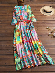 Women Colorful Print V-Neck Long Sleeve Belted Vintage Maxi Dress