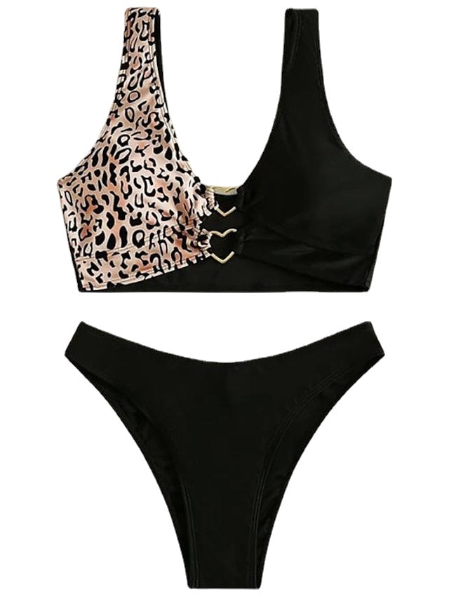 Women's Swimwear Bikini Monokini Normal Swimsuit 2 Piece Printing Leopard Black Bathing Suits Sports Beach Wear Summer