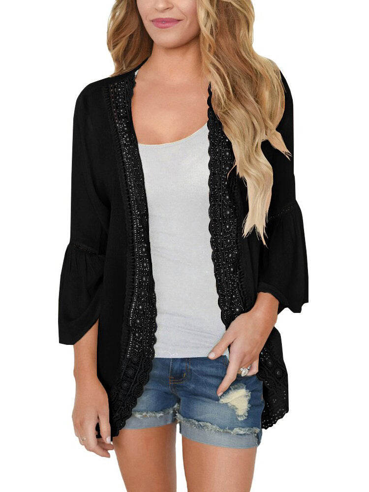 Women Solid Color Lace Trim Light Cardigans