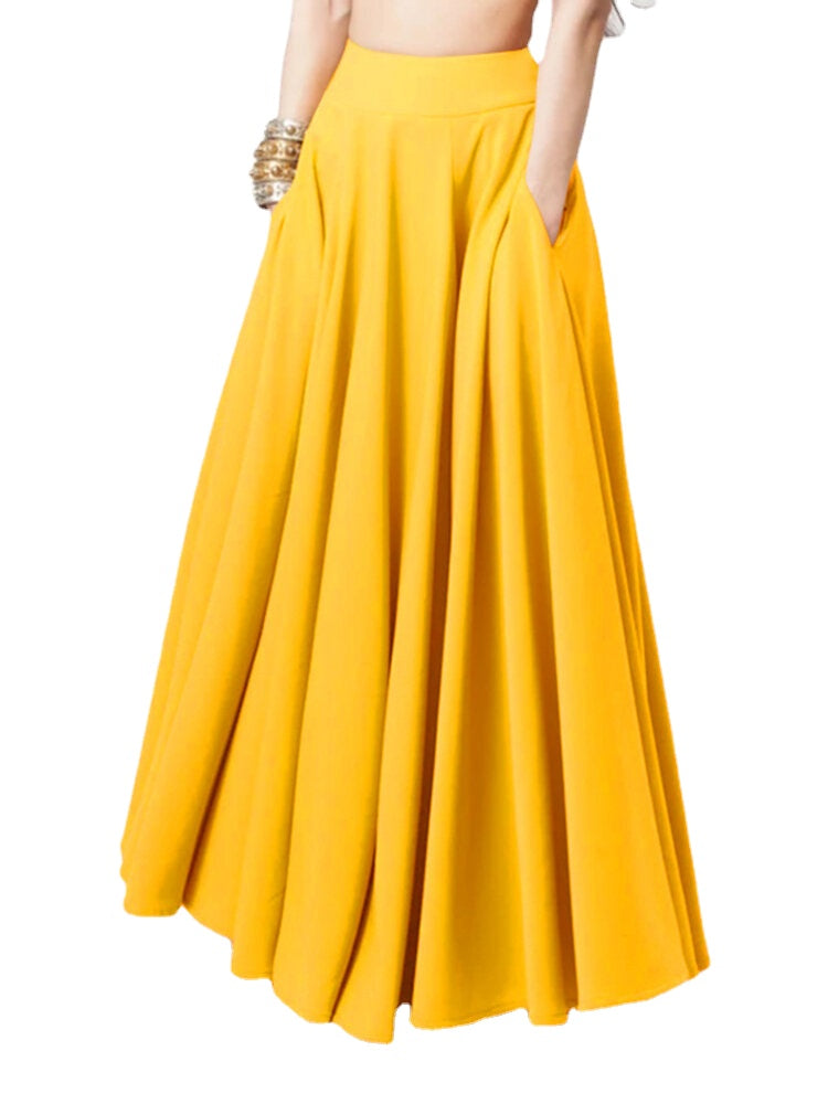 Women Solid Color A-Line Elastic Waist Casual Swing Skirts With Pocket